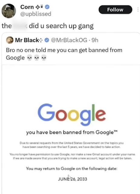 the
Corn *
@upblissed
did u search up gang
Follow
Mr Black: @MrBlackOG. 9h
Bro no one told me you can get banned from
Google...
Google
you have been banned from Google™
Due to several requests from the United States Government on the topics you
have been searching over the last 5 years, we have decided to take action.
You no longer have permission to use Google, nor make a new Gmail account under your name.
If we are made aware that you are trying to make a new account, legal action will be taken.
You may return to Google on the following date:
JUNE 26, 2033