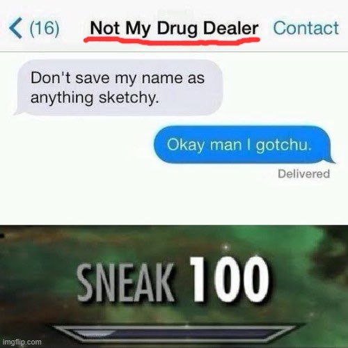 <(16) Not My Drug Dealer Contact
Don't save my name as
anything sketchy.

Okay man I gotchu.
SNEAK 100
Delivered