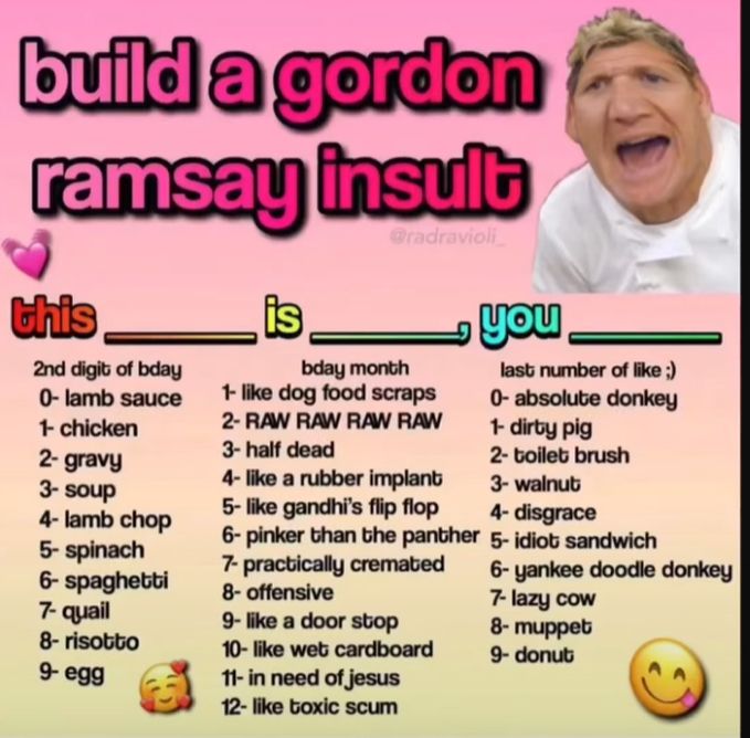 build a gordon
ramsay insult
@radravioli
this
2nd digit of bday
0-lamb sauce
1- chicken
2- gravy
3-soup
4-lamb chop
5-spinach
6- spaghetti
7- quail
8- risotto
9- egg
is
bday month
1- like dog food scraps
2- RAW RAW RAW RAW
3- half dead
4- like a rubber implant
5- like gandhi's flip flop
6- pinker than the panther
7- practically cremated
8- offensive
9- like a door stop
10- like web cardboard
11- in need of jesus
12- like toxic scum
you
last number of like ;)
0-absolute donkey
1- dirty pig
2- toilet brush
3-walnut
4- disgrace
5- idiot sandwich
6-yankee doodle donkey
7- lazy cow
8- muppet
9- donut