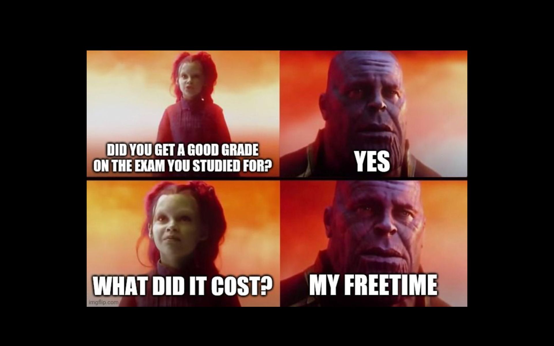 DID YOU GET A GOOD GRADE
ON THE EXAM YOU STUDIED FOR?
WHAT DID IT COST?

YES
MY FREETIME