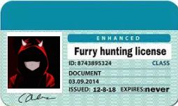 Can
ENHANCED
Furry hunting license
ID: 8743895324
CLASS
DOCUMENT
03.09.2014
ISSUED: 12-8-18 EXPIRES:never
100000