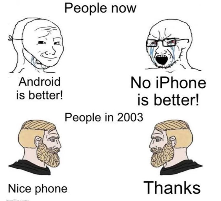 Android
is better!
People now
No iPhone
is better!
People in 2003
Nice phone
Thanks