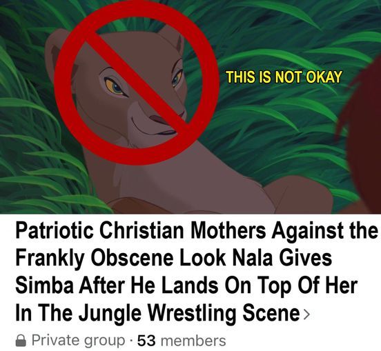 THIS IS NOT OKAY
Patriotic Christian Mothers Against the
Frankly Obscene Look Nala Gives
Simba After He Lands On Top Of Her
In The Jungle Wrestling Scene >
Private group - 53 members