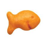 A single goldfish cracker is centered on a white background.