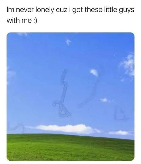 A picture of the default Windows XP background showing some eye floaters in the sky. The text above the image says, "I'm never lonely cuz I got these little guys with me :)".