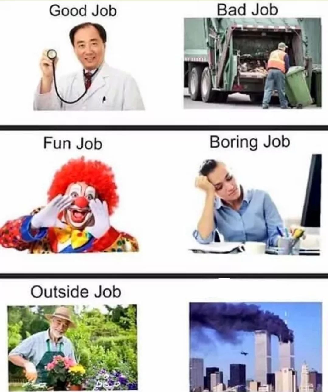 The image shows a grid of six images. Each is labelled with a job description: Good Job, Bad Job, Fun Job, Boring Job, and Outside Job. A doctor is shown for “Good Job”, a garbage man for “Bad Job”, a clown for “Fun Job”, a woman sitting at a desk for “Boring Job”, a gardener for “Outside Job”, and finally a photo of the 9/11 attack is shown for the last row with the label missing.