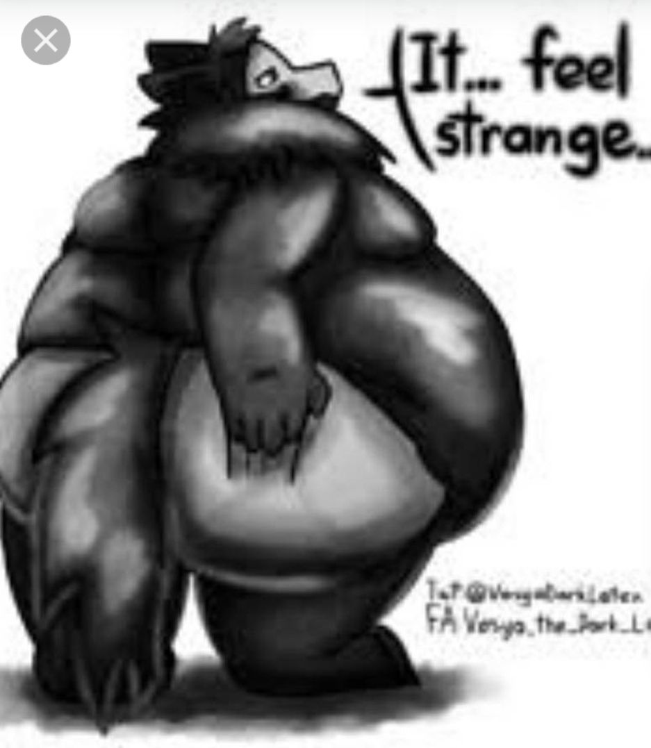 A black and white drawing of a chubby, furry character. Text at the top says "It... feel strange". The drawing includes the text "T&t @VeygaDarkLatex FA Vesya, the_Park_L".