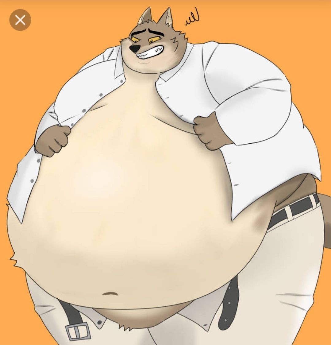 An image of an overweight anthropomorphic wolf. The wolf has a large belly and is wearing a white shirt. The background is a solid orange color.