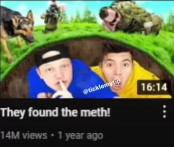 The image is a screenshot from a video with two people in the foreground, peeking out of a hole in the ground. Behind them are a dog, a person with a camouflage outfit, and a pig also wearing a camouflage outfit. The text on the image says "They found the meth!"