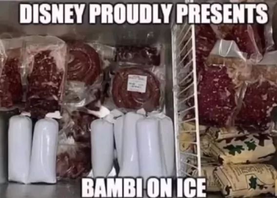 The image shows a freezer filled with packages of meat and other white bags. The text overlay on the image reads, "DISNEY PROUDLY PRESENTS BAMBI ON ICE."