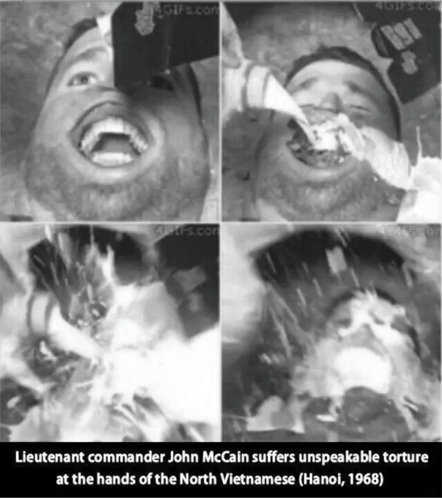 Four black and white images show a man being tortured by having a liquid poured into his mouth. The text below reads "Lieutenant commander John McCain suffers unspeakable torture at the hands of the North Vietnamese (Hanoi, 1968)".