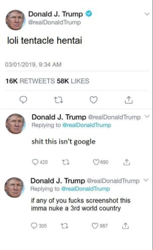 The image shows a series of three tweets from Donald J. Trump's Twitter account @realDonaldTrump. The first tweet says, 'loli tentacle hentai.' The second is a reply to the first tweet and reads, 'shit this isn't google.' The third tweet, also a reply, says, 'if any of you fucks screenshot this imma nuke a 3rd world country.'