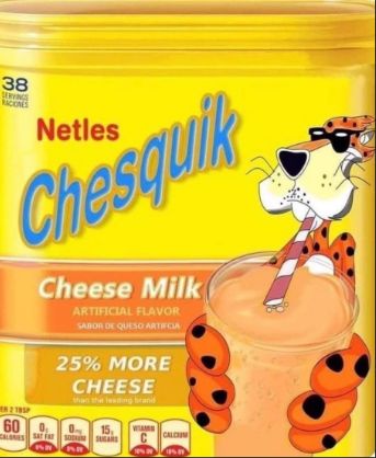 A yellow container labeled "Netles Chesquik Cheese Milk" with a cartoon of Chester Cheetah holding a glass of cheese milk. It states: "25% MORE CHEESE than the leading brand."