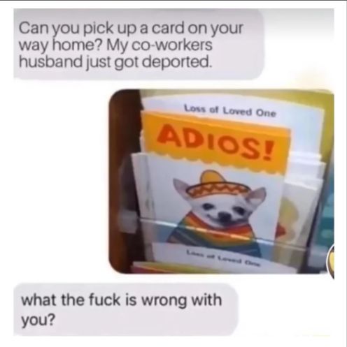 Can you pick up a card on your
way home? My co-workers
husband just got deported.
Loss of Loved One
ADIOS!
what the fuck is wrong with
you?