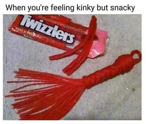 A pack of Twizzlers is in the background and a whip-like object made of Twizzlers is in the foreground. Text on the image reads: "When you're feeling kinky but snacky."