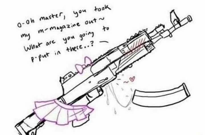 A drawing of a rifle with a pink bow and skirt, it is blushing, with a magazine next to it. The text says "Oh master, you took my m-magazine out. What are you going to p-put in there...?"