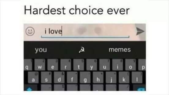 Hardest choice ever
i love
q
you
W
d
3
g h
memes
k
0
P