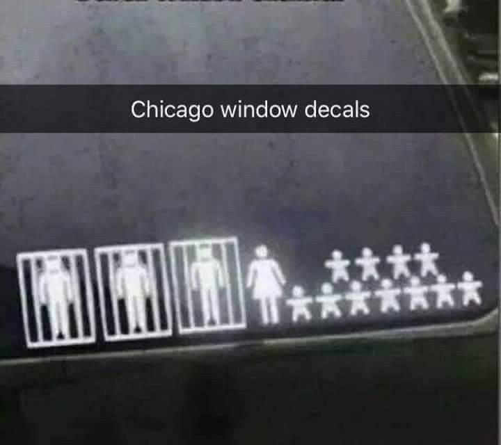 A car window decal shows three stick figures in jail, then a female stick figure and nine small stick figures indicating a family.