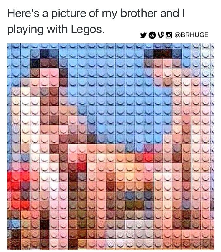 The image shows a picture of a person made up of small Lego bricks. The text above it says, "Here's a picture of my brother and I playing with Legos."