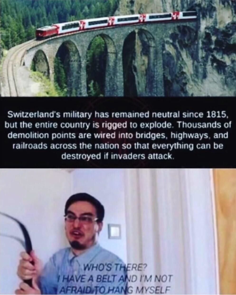 G
Switzerland's military has remained neutral since 1815,
but the entire country is rigged to explode. Thousands of
demolition points are wired into bridges, highways, and
railroads across the nation so that everything can be
destroyed if invaders attack.
0
WHO'S THERE?
I HAVE A BELT AND I'M NOT
AFRAID TO HANG MYSELF