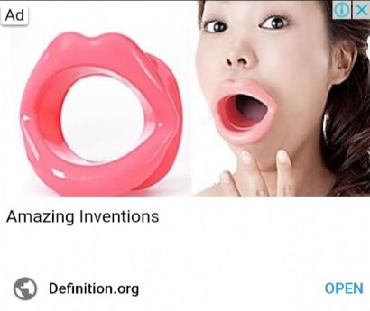 An advertisement shows a pink rubber device shaped like lips next to a woman who is wearing the same device over her mouth. Below the image, the text reads: "Amazing Inventions Definition.org OPEN".