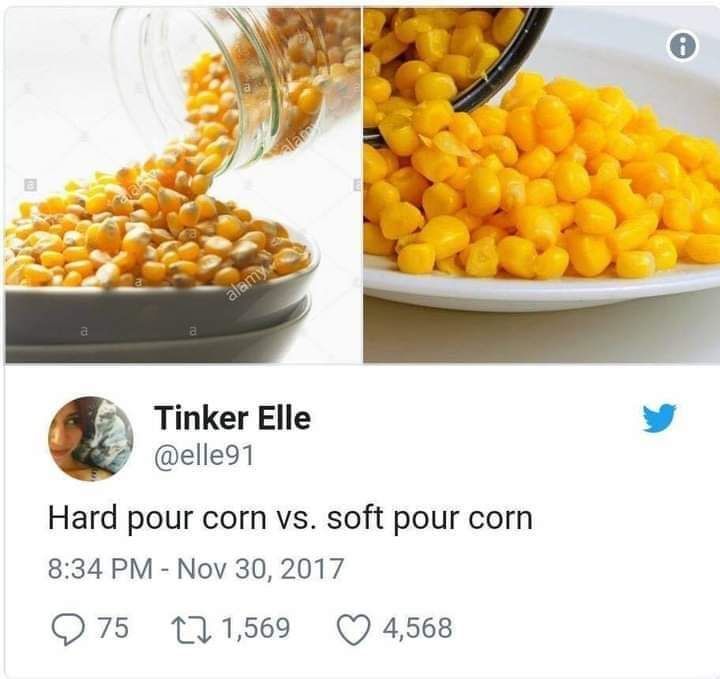 a
arany
alamy
alamy
Tinker Elle
@elle91
Hard pour corn vs. soft pour corn
8:34 PM - Nov 30, 2017
75 1 1,569
4,568
i