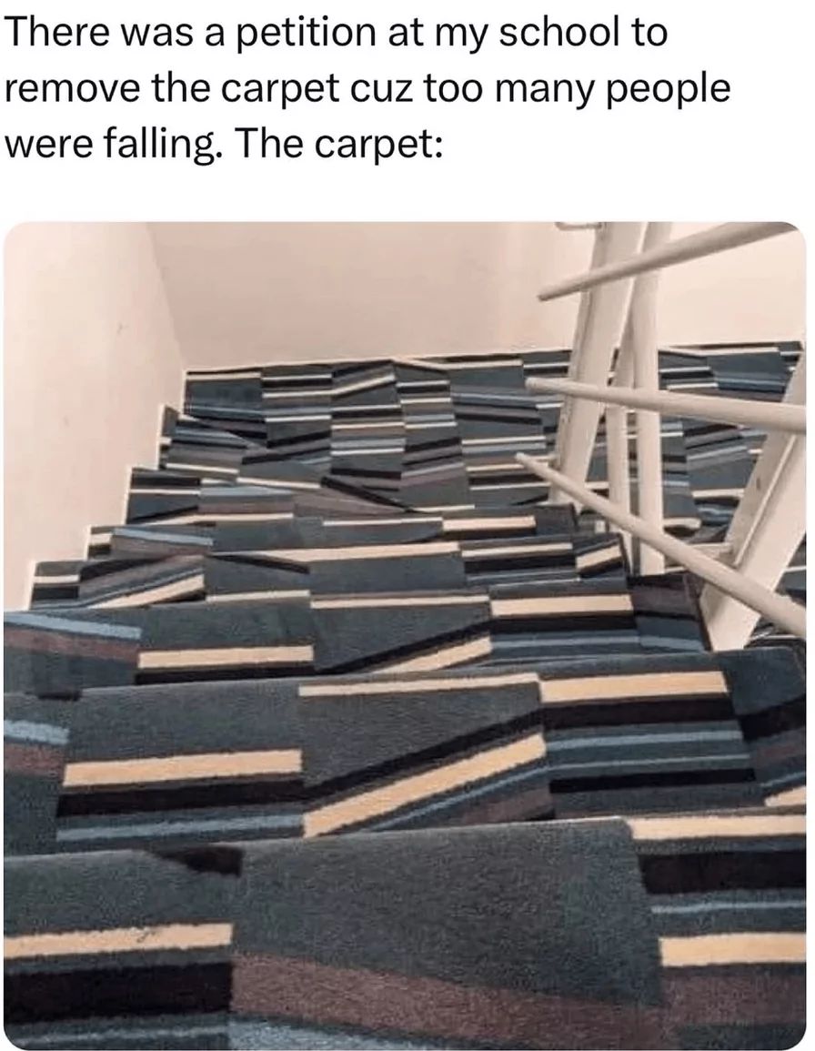 There was a petition at my school to
remove the carpet cuz too many people
were falling. The carpet: