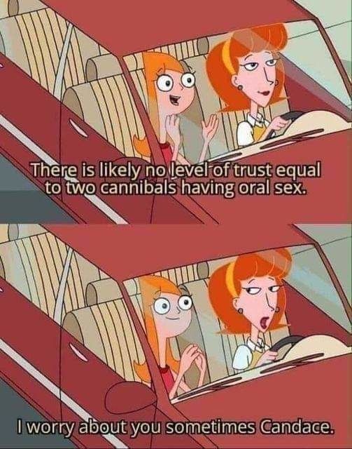 There is likely no level of trust equal
to two cannibals having oral sex.
I worry about you sometimes Candace.