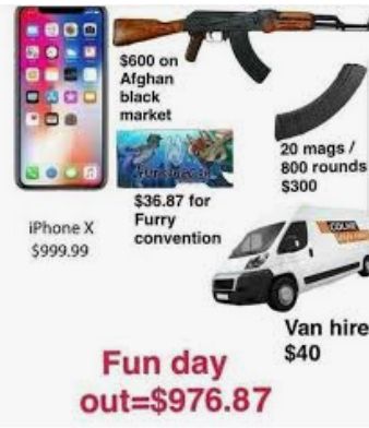 iPhone X
$999.99
"
$600 on
Afghan
black
market
Furshecint
$36.87 for
Furry
convention
Fun day
out=$976.87
20 mags /
800 rounds
$300
COLME
Van hire
$40