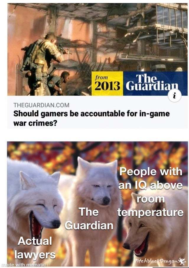 THEGUARDIAN.COM
Should gamers be accountable for in-game
war crimes?
Actual
lawyers
from
The
2013 Guardian
made with mematic
The
Guardian
i
People with
an IQ above
room
temperature
Pitchblack Dragon