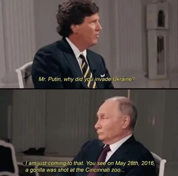 Mr. Putin, why did you invade Ukraine?
I am just coming to that. You see on May 28th, 2016,
a gorilla was shot at the Cincinnati zoo...