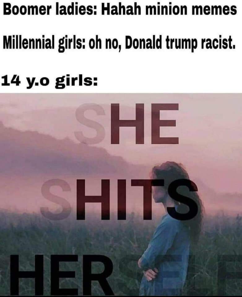 Boomer ladies: Hahah minion memes
Millennial girls: oh no, Donald trump racist.
14 y.o girls:
SHE
SHITS
HERSELF