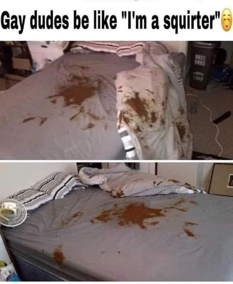 The image shows two photos of a bed with stains on the sheets. The first photo shows a light-colored bed with brown stains in the middle. The second photo shows a darker bed with more spread-out brown stains. The text at the top of the image says, "Gay dudes be like 'I'm a squirter'".