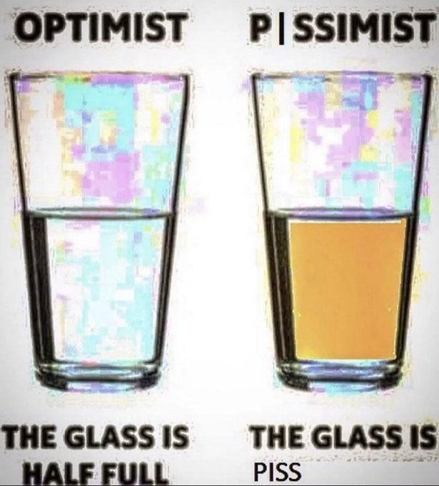 OPTIMIST PISSIMIST
THE GLASS IS
HALF FULL
THE GLASS IS
PISS