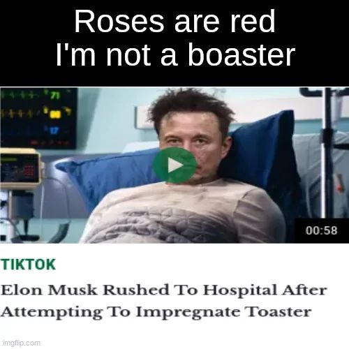 Roses are red
I'm not a boaster

00:58
TIKTOK
Elon Musk Rushed To Hospital After
Attempting To Impregnate Toaster