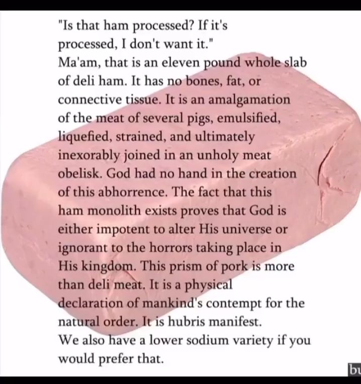 "Is that ham processed? If it's
processed, I don't want it."
Ma'am, that is an eleven pound whole slab
of deli ham. It has no bones, fat, or
connective tissue. It is an amalgamation
of the meat of several pigs, emulsified,
liquefied, strained, and ultimately
inexorably joined in an unholy meat
obelisk. God had no hand in the creation
of this abhorrence. The fact that this
ham monolith exists proves that God is
either impotent to alter His universe or
ignorant to the horrors taking place in
His kingdom. This prism of pork is more
than deli meat. It is a physical
declaration of mankind's contempt for the
natural order. It is hubris manifest.
We also have a lower sodium variety if you
would prefer that.
bu