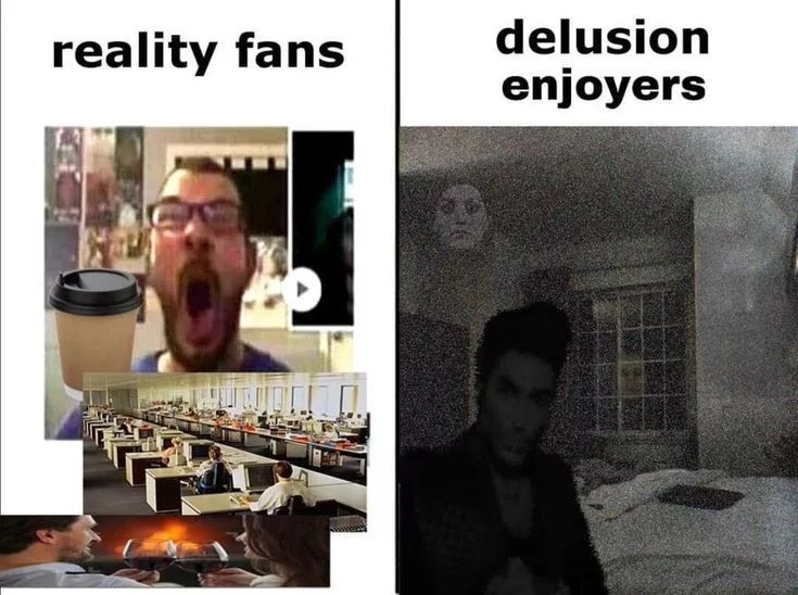 The image is divided into two parts. On the left, under the text 'reality fans', there are multiple images: a man with glasses screaming, a cup of coffee, an office space, and a couple fighting with lightsabers. On the right, under the text 'delusion enjoyers', there's a dark, blurry room with a creepy face in the background and a dark figure in the foreground.