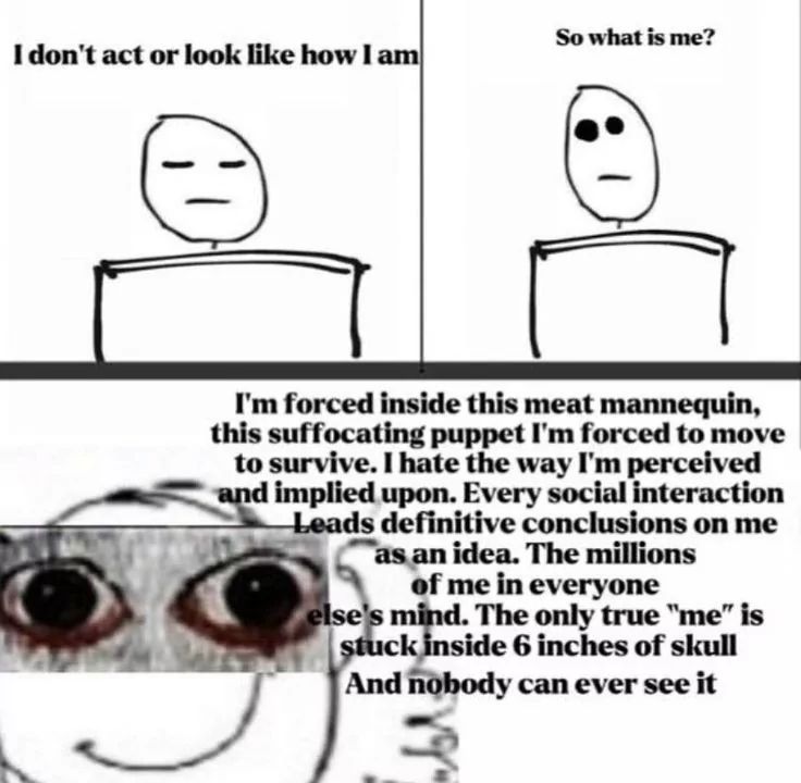 I don't act or look like how I am
So what is me?
I'm forced inside this meat mannequin,
this suffocating puppet I'm forced to move
to survive. I hate the way I'm perceived
and implied upon. Every social interaction
Leads definitive conclusions on me
as an idea. The millions
of me in everyone
else's mind. The only true "me" is
stuck inside 6 inches of skull
And nobody can ever see it