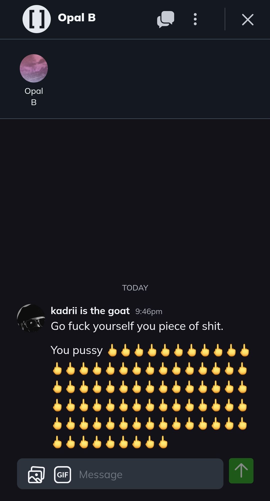 [ ] Opal B
Х
Opal
B
TODAY
kadrii is the goat 9:46pm
Go fuck yourself you piece of shit.
You pussy
GIF Message
↑