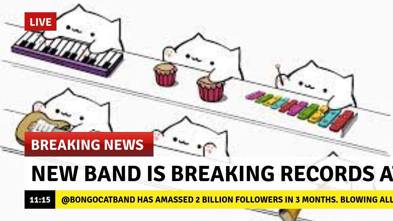 LIVE
BREAKING NEWS
NEW BAND IS BREAKING RECORDS A
11:15 @BONGOCATBAND HAS AMASSED 2 BILLION FOLLOWERS IN 3 MONTHS. BLOWING ALL