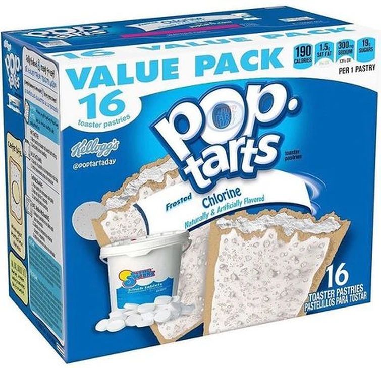 90NM
VALUE PACK
16
toaster pastries
Kellogg's
@poptartaday
pop.
tarts
Frosted
Chlorine
Naturally&Artificially Flavored
toaster
pastries
1.5 300 19,
190 SAT FAT SODIUM SUGARS
CALORIES
PER 1 PASTRY
16
TOASTER PASTRIES
PASTELILLOS PARA TOSTAR