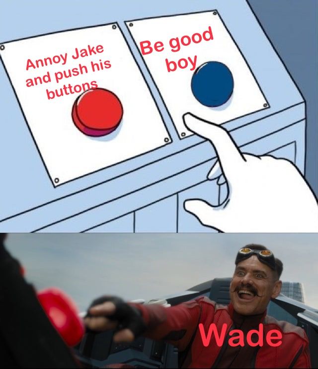 о
Annoy Jake
and push his
buttons
Be good
boy
Wade