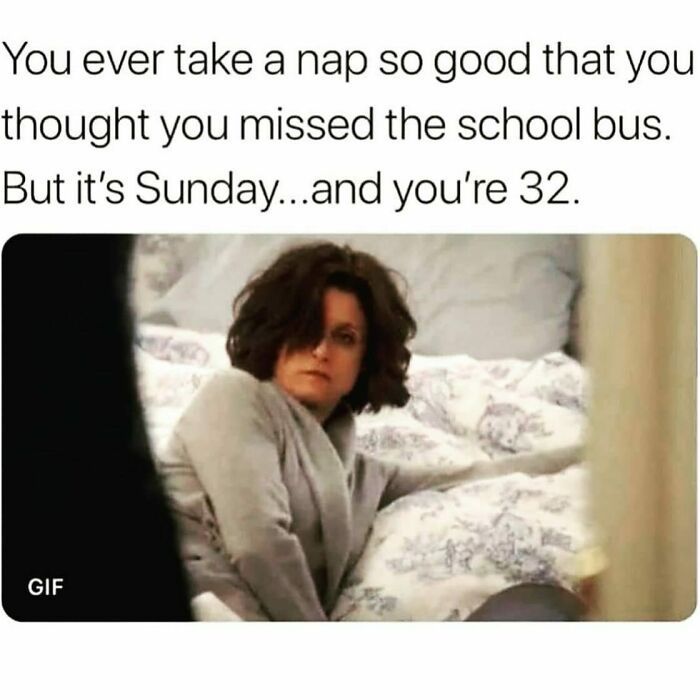 You ever take a nap so good that you
thought you missed the school bus.
But it's Sunday...and you're 32.
GIF