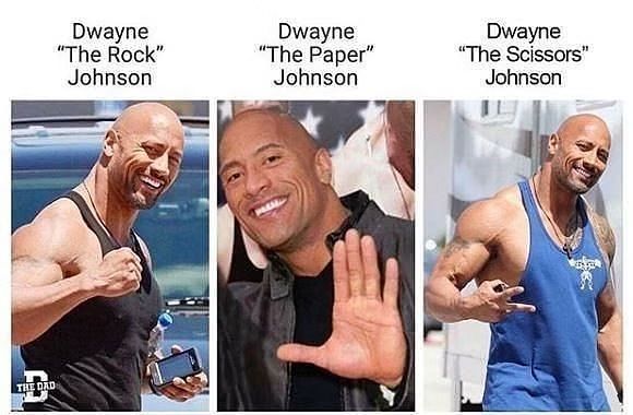 THE DAD
Dwayne
"The Rock"
Johnson
Dwayne
"The Paper"
Johnson
Dwayne
"The Scissors"
Johnson
E