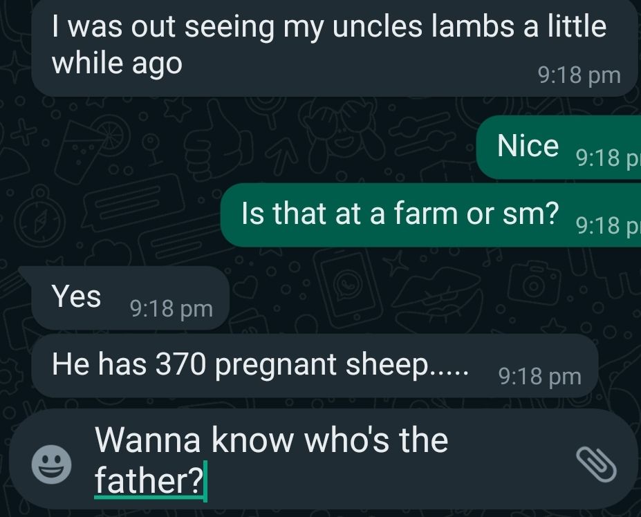 I was out seeing my uncles lambs a little
while ago
9:18 pm
00
Nice 9:18 pm
O
Is that at a farm or sm? 9:18 p
:)
Yes
9:18 pm
He has 370 pregnant sheep..... 9:18 pm
Wanna know who's the
father?
U