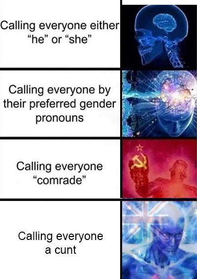 Calling everyone either
"he" or "she"
Calling everyone by
their preferred gender
pronouns
Calling everyone
"comrade"
Calling everyone
a cunt