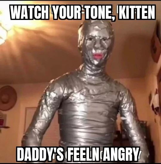 A person covered in duct tape with a menacing expression on their face with text overlayed at the top and bottom of the image. Top text says, "WATCH YOUR TONE, KITTEN". Bottom text says, "DADDY'S FEELIN ANGRY".