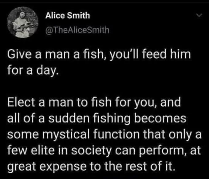 Alice Smith
@TheAliceSmith
Give a man a fish, you'll feed him
for a day.
Elect a man to fish for you, and
all of a sudden fishing becomes
some mystical function that only a
few elite in society can perform, at
great expense to the rest of it.