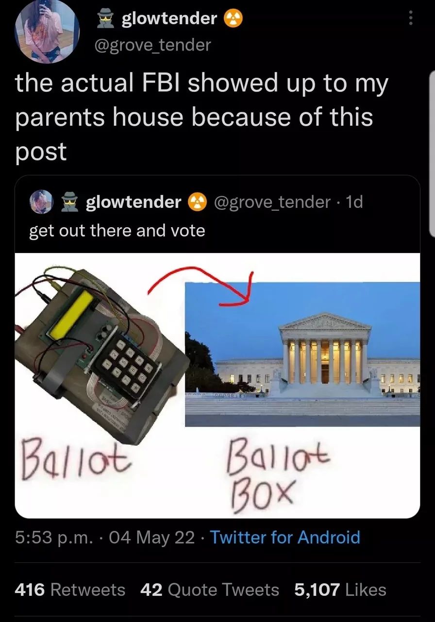 glowtender
@grove_tender
the actual FBI showed up to my
parents house because of this
post
glowtender
get out there and vote
@grove_tender · 1d
Show
Ballot
Ballot
BOX
5:53 p.m. 04 May 22 - Twitter for Android
416 Retweets 42 Quote Tweets 5,107 Likes