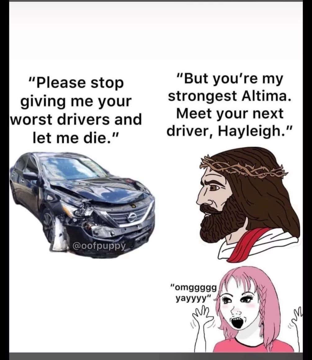 "Please stop
giving me your
worst drivers and
let me die."
"But you're my
strongest Altima.
Meet your next
driver, Hayleigh."
@oofpuppy
"omggggg
yayyyy"